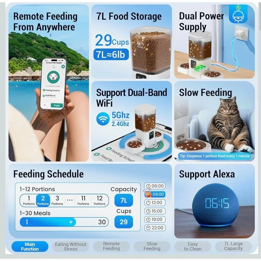 Smart Dual Cat Feeder with WiFi - 7L Automatic Slow Feed for Multiple Pets